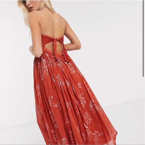 Free People Baja Babe Copper Boho Gilded Floral Crinkle Strapless Maxi Dress - Picture 2 of 12
